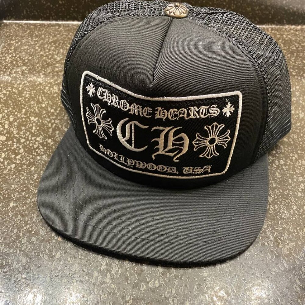 Chrome Hearts Black Mesh Patch Trucker Hat with White Embroidery